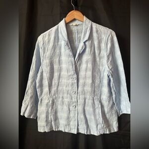 Eileen Fisher Womens Linen Long Sleeves Button Down Shirt Sky Blue Crosshatch